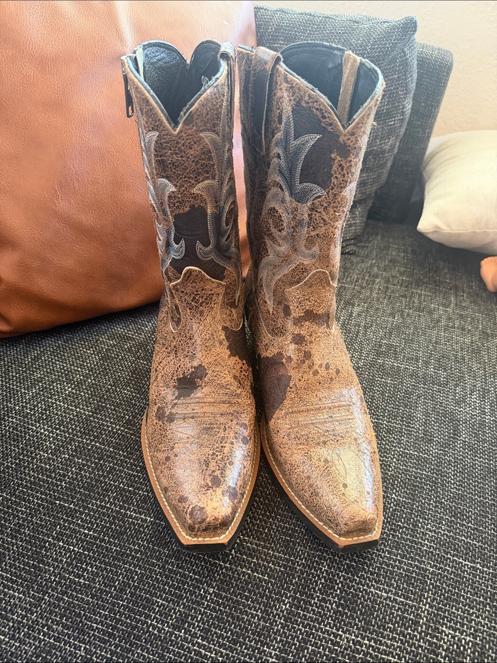 Ariat Brown Distressed Leather Western Cowboy Boots with side zipper.